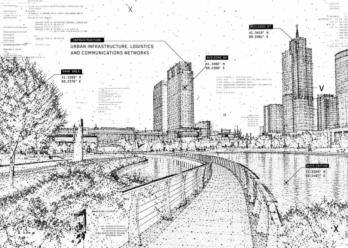 Tashkent as a survey drawing: wireframe towers, a park, a curved walkway and water, with coordinates pinned to each.